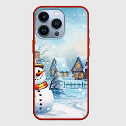 Чехол для iPhone 13 Pro Новогодний городок и снеговики, цвет: 3D-красный