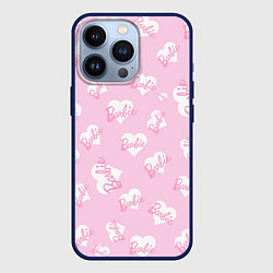 Чехол для iPhone 13 Pro Барби: белые сердца на розовом паттерн, цвет: 3D-тёмно-синий