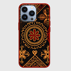 Чехол для iPhone 13 Pro Орнамент в славянском стиле на тёмном фоне, цвет: 3D-красный