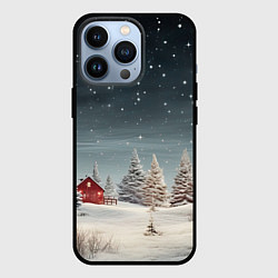Чехол для iPhone 13 Pro Зимний пейзаж с елями и снегом, цвет: 3D-черный