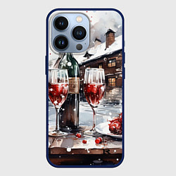 Чехол для iPhone 13 Pro Новогодние напитки на фоне зимнего пейзажа, цвет: 3D-тёмно-синий