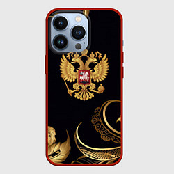 Чехол для iPhone 13 Pro Золотой герб России и объемные листья, цвет: 3D-красный