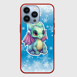 Чехол для iPhone 13 Pro Маленький синий дракон на фоне снежинок, цвет: 3D-красный