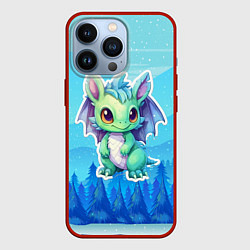 Чехол для iPhone 13 Pro Маленький зеленый дракон на фоне синих елок, цвет: 3D-красный