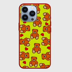Чехол для iPhone 13 Pro Плюшевые мишки и сердца на желтом фоне, цвет: 3D-красный