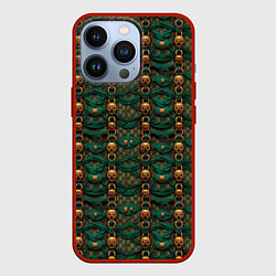 Чехол для iPhone 13 Pro Зеленая ткань с золотыми заклепками, цвет: 3D-красный