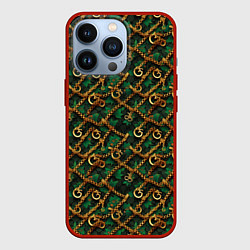 Чехол для iPhone 13 Pro Золотая цепочка на зеленой ткани, цвет: 3D-красный