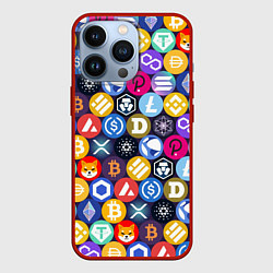 Чехол для iPhone 13 Pro Криптовалюта Биткоин, Эфириум, Тетхер, Солана патт, цвет: 3D-красный