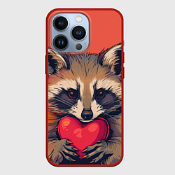 Чехол для iPhone 13 Pro Влюбленный енот сжимает лапками сердце, цвет: 3D-красный