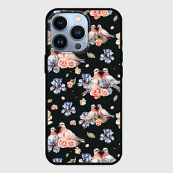 Чехол для iPhone 13 Pro Голуби с розами и ирисами black, цвет: 3D-черный