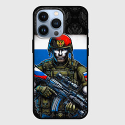 Чехол для iPhone 13 Pro Русский солдат на фоне флага, цвет: 3D-черный