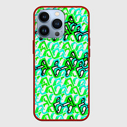 Чехол iPhone 13 Pro Зелёный узор и бело-чёрная обводка