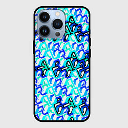 Чехол для iPhone 13 Pro Синий узор и бело-чёрная обводка, цвет: 3D-черный