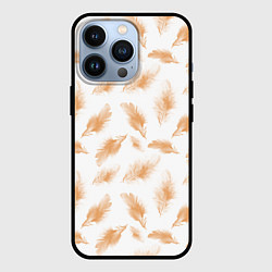Чехол iPhone 13 Pro Бежевые перья на белом фоне