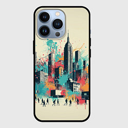 Чехол для iPhone 13 Pro Силуэты людей и небоскребов в брызгах краски, цвет: 3D-черный