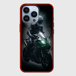 Чехол для iPhone 13 Pro Мотоциклист на спортивном байке черный фон, цвет: 3D-красный