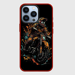 Чехол для iPhone 13 Pro Мотоциклист желтые кляксы, цвет: 3D-красный