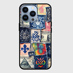 Чехол для iPhone 13 Pro Баксы на дениме пэчворк, цвет: 3D-черный