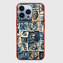 Чехол для iPhone 13 Pro Пираты на пэчворк дениме, цвет: 3D-красный