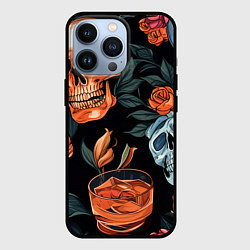 Чехол для iPhone 13 Pro Кусты черепов с розами и пионами, цвет: 3D-черный