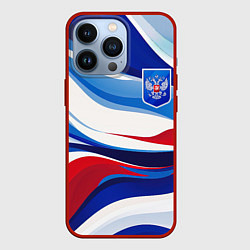 Чехол для iPhone 13 Pro Герб России на абстрактном фоне в цветах России, цвет: 3D-красный