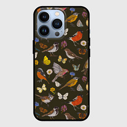 Чехол для iPhone 13 Pro Птицы и бабочки с цветами паттерн, цвет: 3D-черный