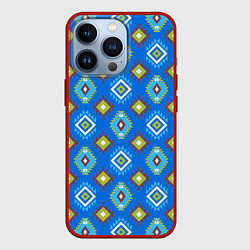 Чехол для iPhone 13 Pro Этнические ромбики на синем, цвет: 3D-красный
