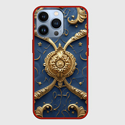 Чехол iPhone 13 Pro Золотые узоры на синей ткани
