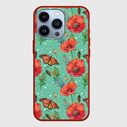 Чехол для iPhone 13 Pro Красные маки и бабочка монарх, цвет: 3D-красный