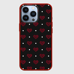 Чехол iPhone 13 Pro Красные сердечки и белые точки на черном