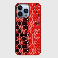 Чехол iPhone 13 Pro Техно-киберпанк шестиугольники красный и чёрный с