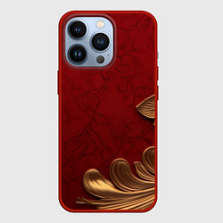 Чехол iPhone 13 Pro Объемный золотой лист на красном текстурном фоне