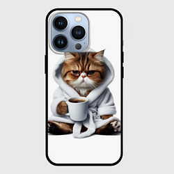 Чехол для iPhone 13 Pro Котик в халате и кофе, цвет: 3D-черный