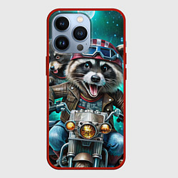 Чехол для iPhone 13 Pro Модный енот байкер на мотоцикле, цвет: 3D-красный