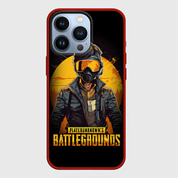 Чехол для iPhone 13 Pro PUBG игрок на закате черный фон, цвет: 3D-красный