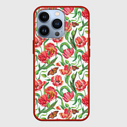 Чехол для iPhone 13 Pro Красные тюльпаны, цвет: 3D-красный