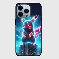 Чехол для iPhone 13 Pro Пикадзила на крыше небоскрёба - неоновое свечение:, цвет: 3D-черный