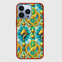 Чехол для iPhone 13 Pro Золотистые змеи и цветы, цвет: 3D-красный