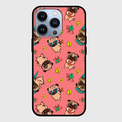 Чехол для iPhone 13 Pro Забавные мопсы паттерн, цвет: 3D-черный