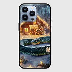 Чехол для iPhone 13 Pro Большая змея на фоне новогоднего дома, цвет: 3D-черный