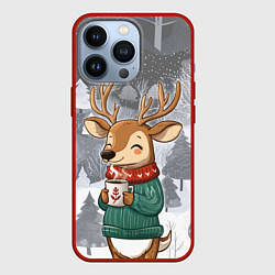 Чехол для iPhone 13 Pro Олень с кофе в лесу, цвет: 3D-красный