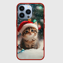 Чехол для iPhone 13 Pro Новогодний котенок и снег, цвет: 3D-красный