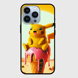 Чехол для iPhone 13 Pro Пикачу сидит на мороженом в пустыне, цвет: 3D-черный