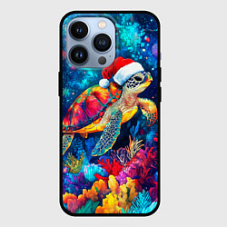 Чехол для iPhone 13 Pro Морская черепаха в шапке Санты, цвет: 3D-черный