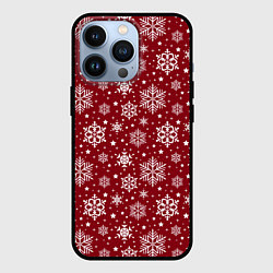 Чехол для iPhone 13 Pro Новогодний узор - белые снежинки на красном фоне, цвет: 3D-черный