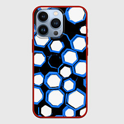 Чехол для iPhone 13 Pro Бело-синие шестиугольники на чёрном фоне, цвет: 3D-красный