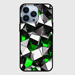 Чехол для iPhone 13 Pro Зелёно-белые рельефные треугольники на чёрном фоне, цвет: 3D-черный