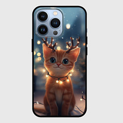 Чехол для iPhone 13 Pro Котенок с новогодними рожками, цвет: 3D-черный