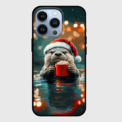 Чехол для iPhone 13 Pro Новогодняя выдра на фоне гирлянды, цвет: 3D-черный