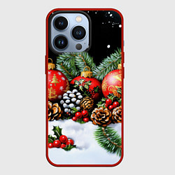 Чехол для iPhone 13 Pro Красные новогодние шарики, цвет: 3D-красный